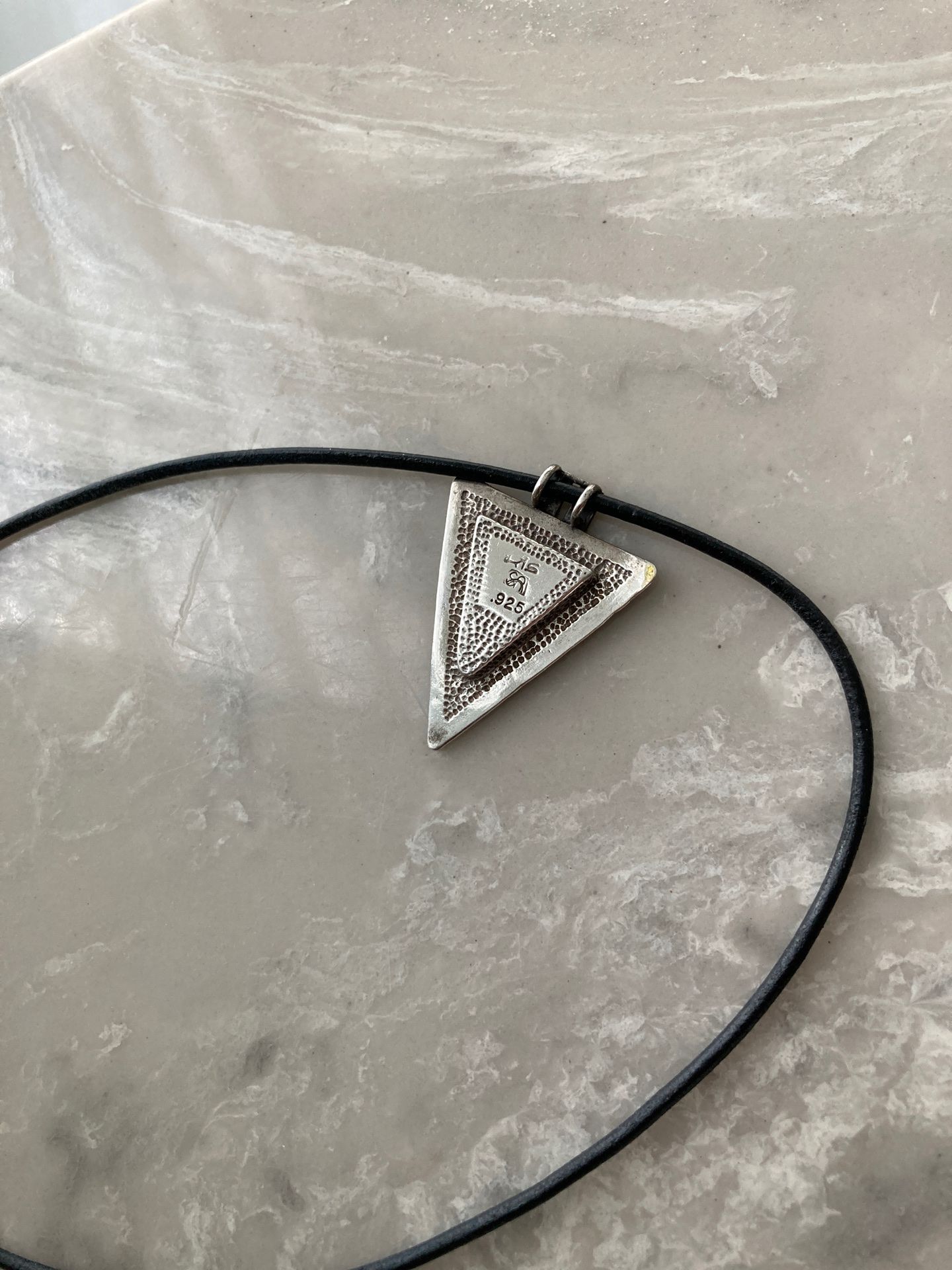 Sterling silver 925 & black leather artist signed necklace. Moonstone opal stone? Native American Indian Navajo? Art Deco? Modern Vintage Beautiful!