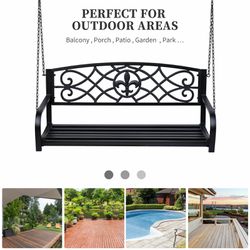 Porch Swing Fleur De Lis Outdoor Decor Patio Bench Deck Garden Metal Glider Black Thumbnail