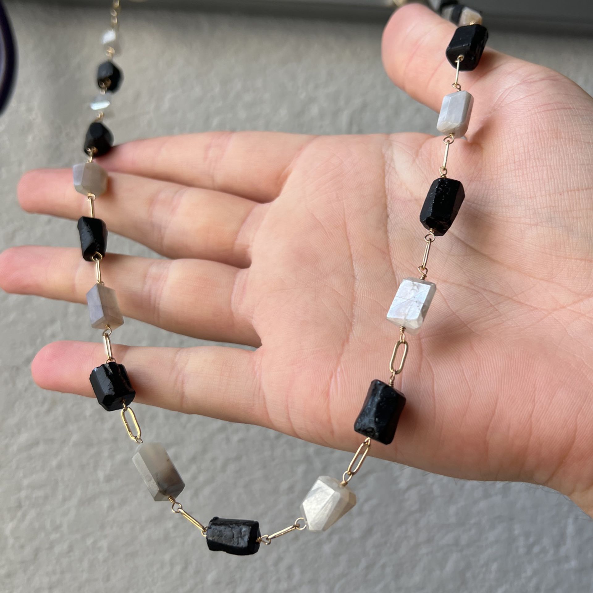 Black Tourmaline And Grey Moonstone Paperclip Necklace 