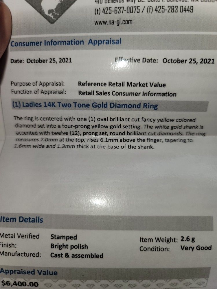 14K WG 1.02CT Natural FANCY INTENSE YELLOW Oval cut Diamond engagement ring Appraised $6400