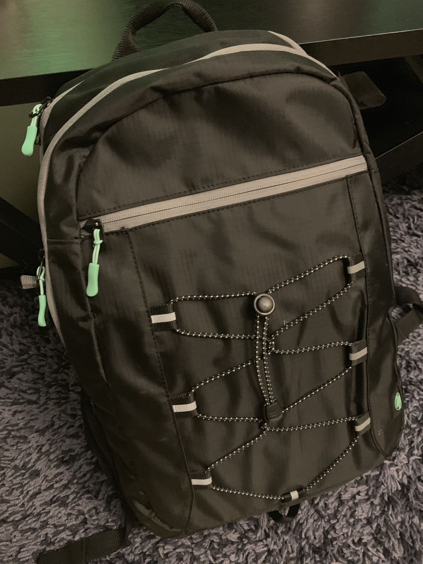 HP laptop with backpack and mice