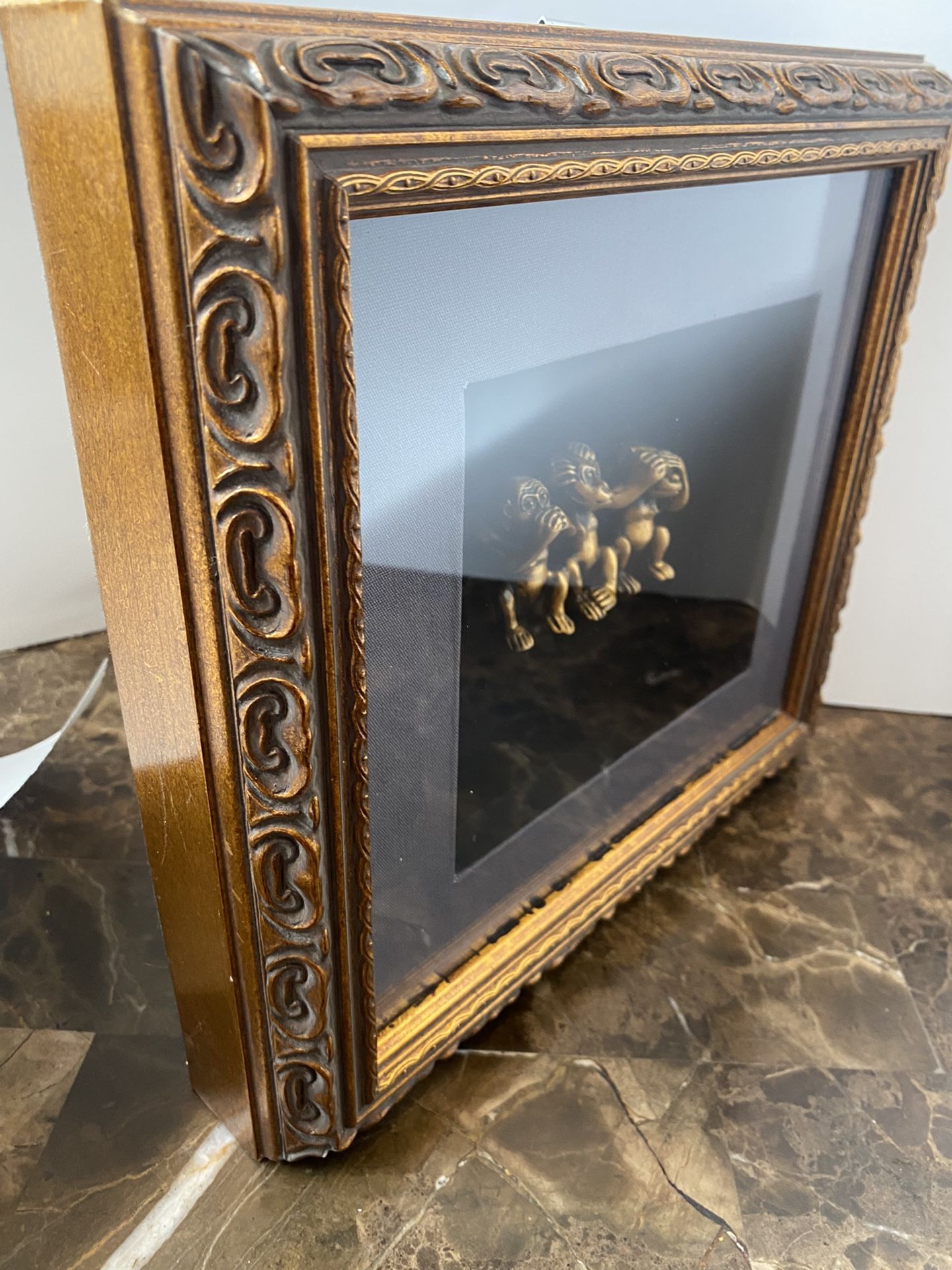 3 Monkeys-see, hear, speak no evil-shadow box 3D wall plaque Gold 11”x11.5”x2.5”