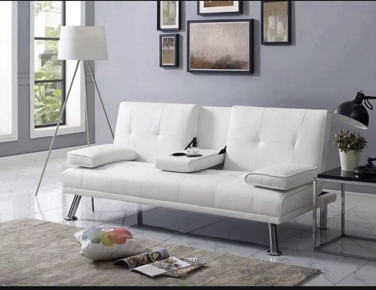 Futon Sofa Bed Futon Couch with Armrest and Cupholders Faux Leather Sofa Bed Couch Convertible Folding Reclining Small Couch Bed Futon Bed for Living