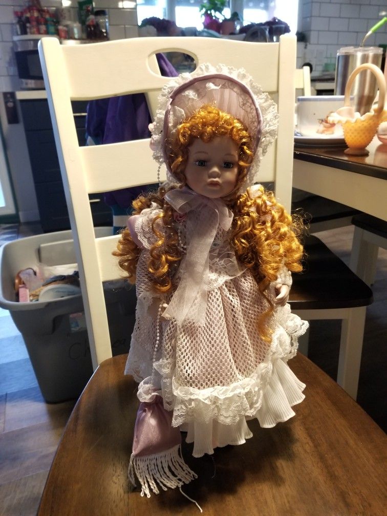 Porcelain Doll With Red Hair And Stand