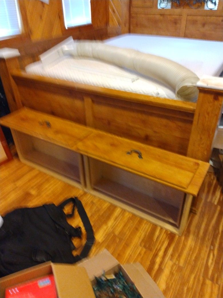 Wood Queen Size Bedframe With Two Drawer Storage