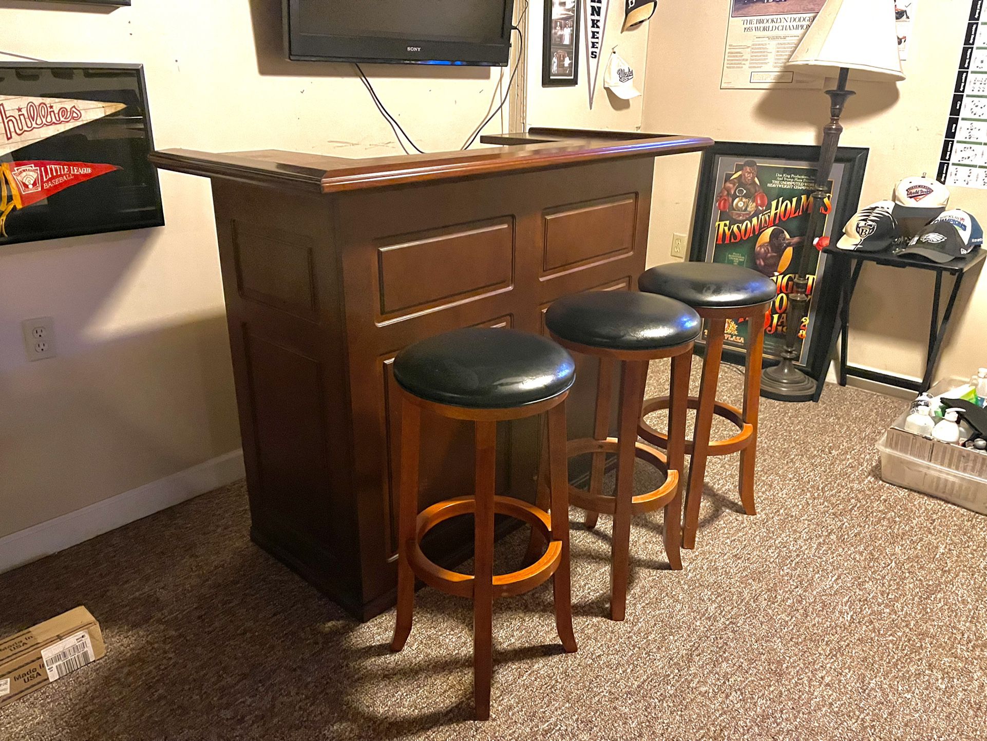 Wood Home Bar With 3 Stools