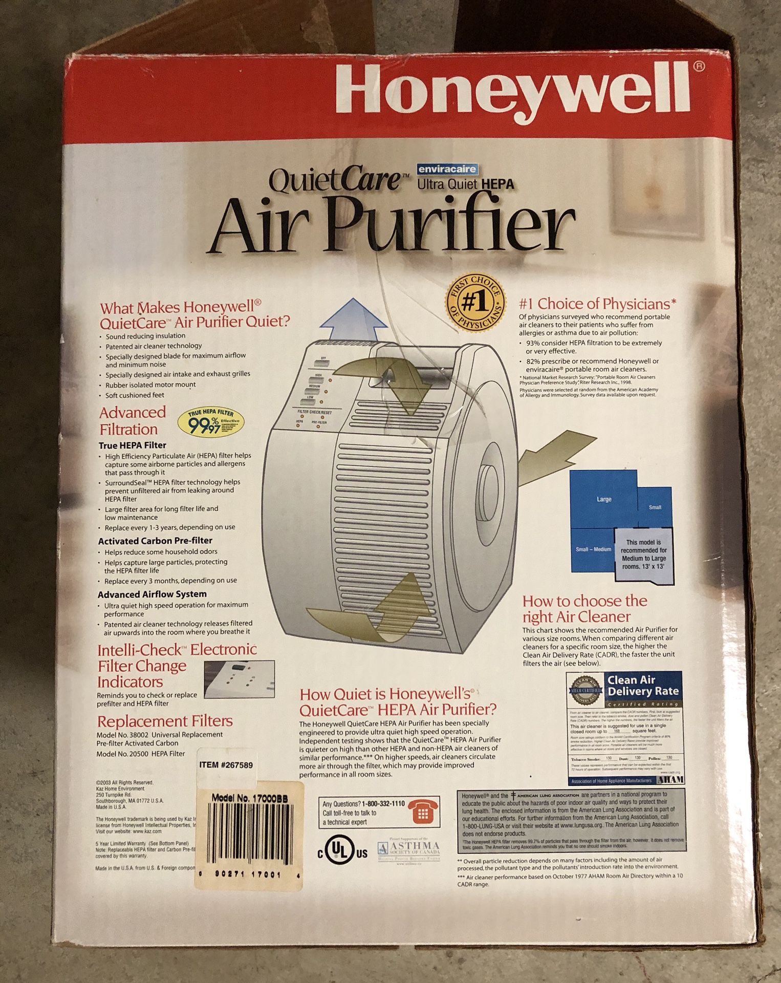 Honeywell QuietCare Ultra Quiet HEPA Air Purifier Model 17000