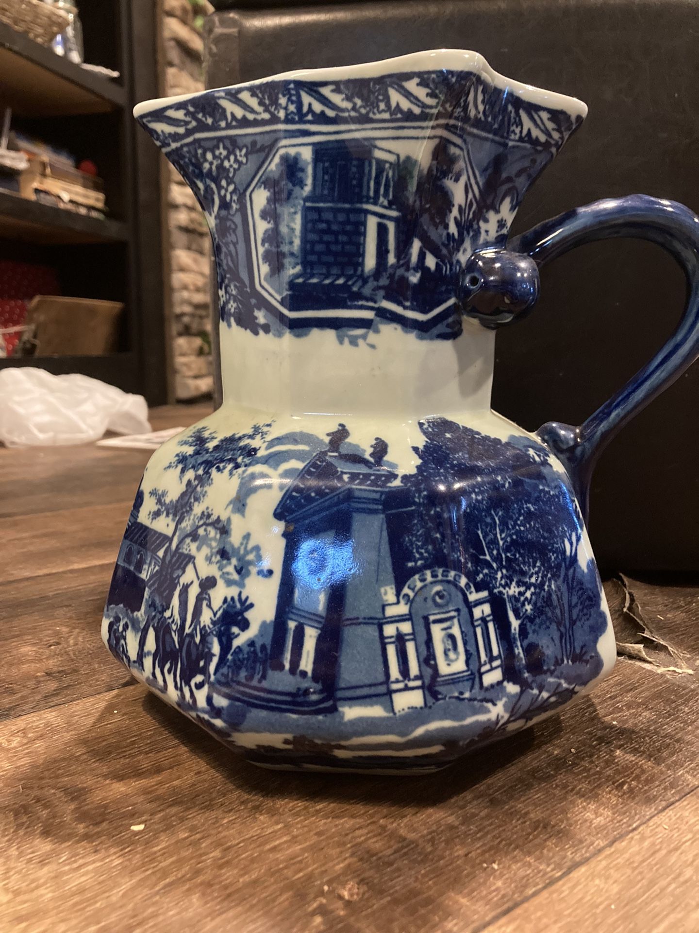 Vintage Blue And White Ironstone Victoria Pitcher With Village Scene