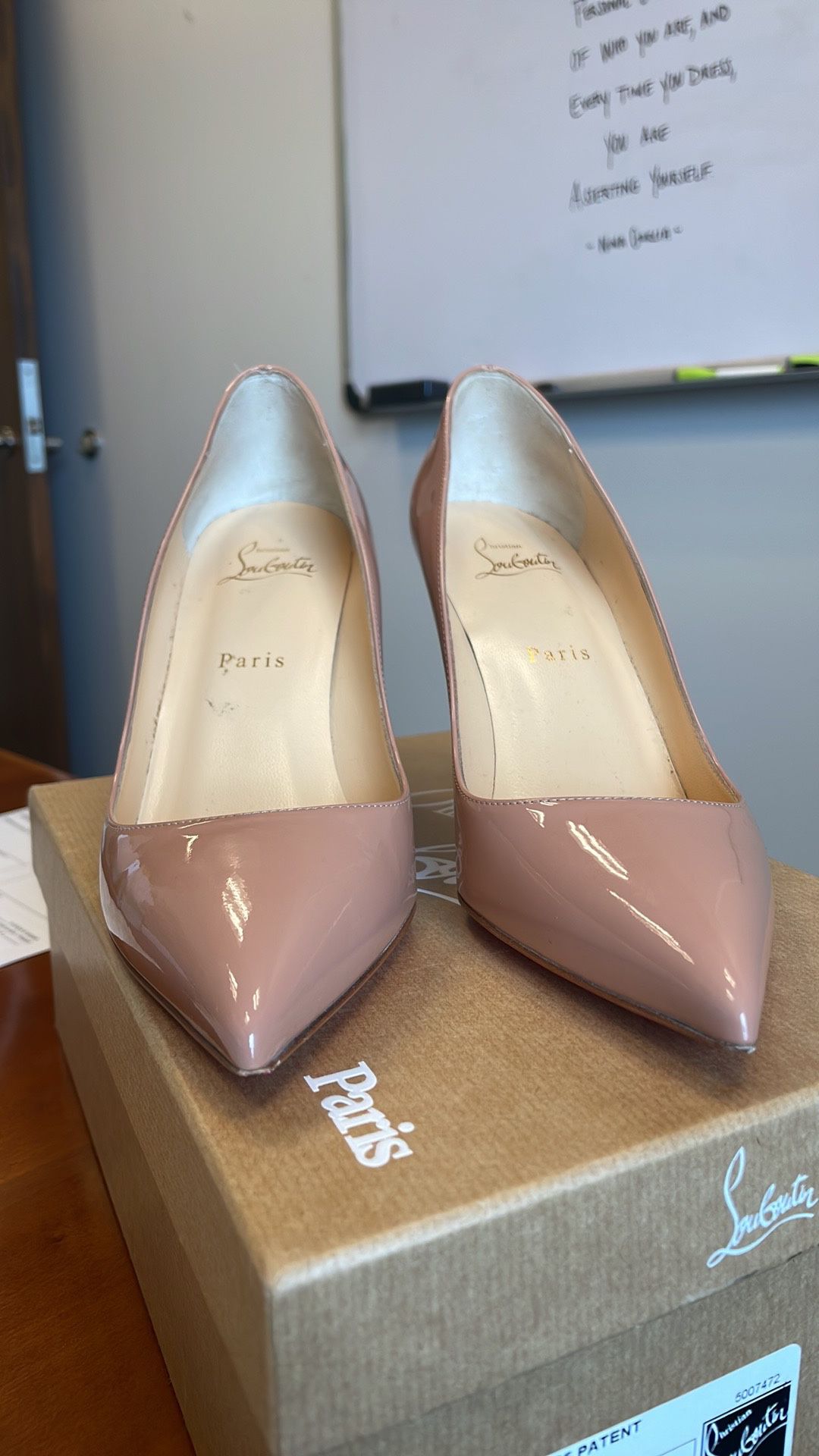 Size 8 Nude Christian Louboutin Pigalle Follies 85mm Patent Red Sole Pumps