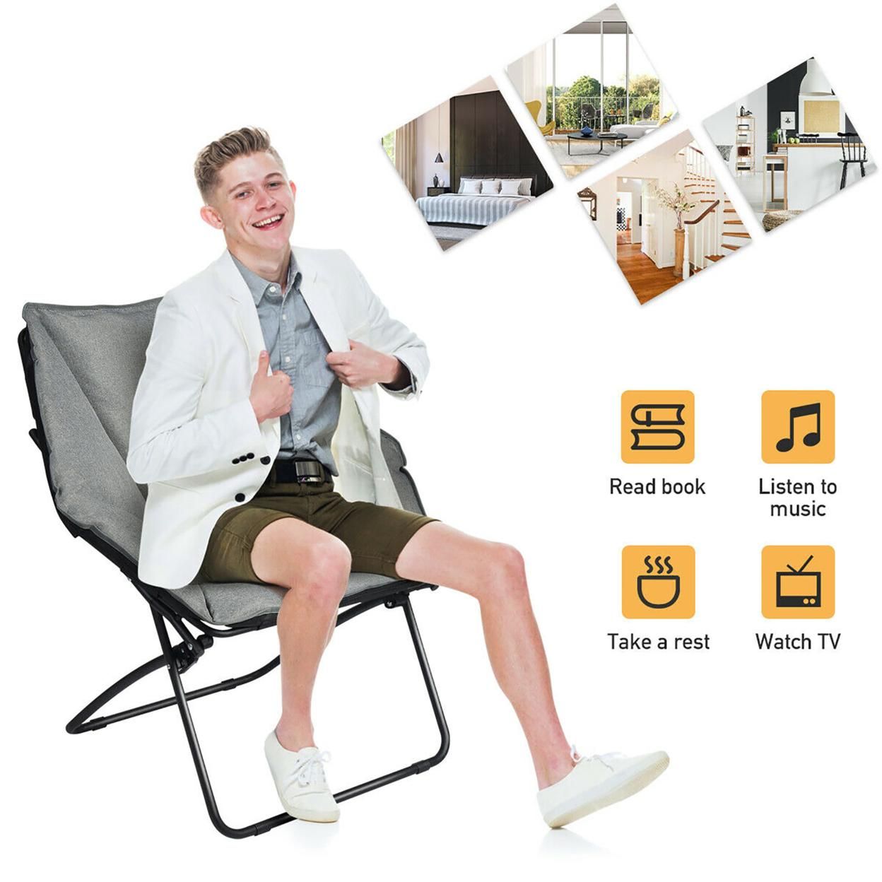Costway Folding Saucer Padded Chair Soft Wide Seat w/ Metal Frame Lounge Furniture