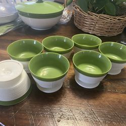 Lot of 7 Green & White Raffiaware by Thermo Temp footed insulated dessert dishes.    Vintage Green and White Raffiaware by Thermo Temp footed insualte Thumbnail