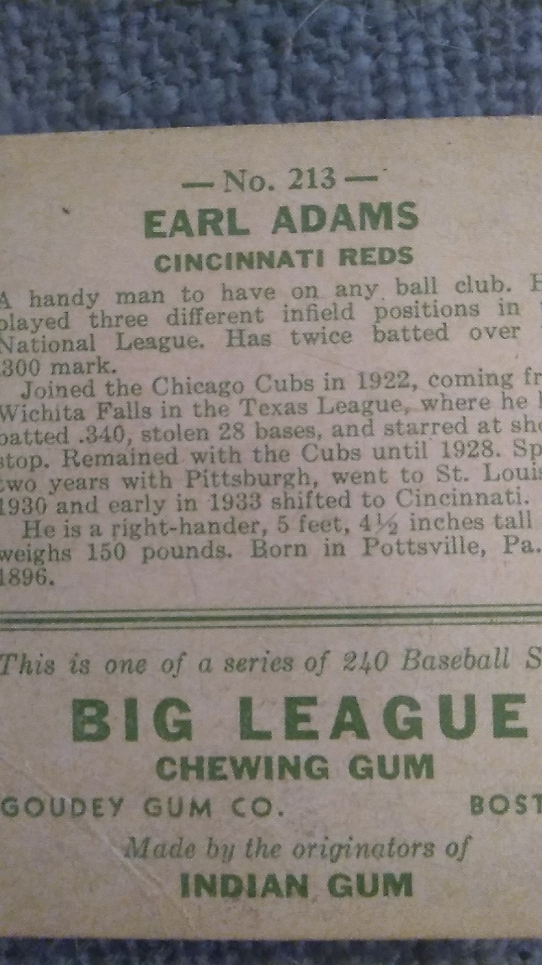 1933 EARL ADAMS BIG LEAGUE CHEWING GUM BASEBALL CARD