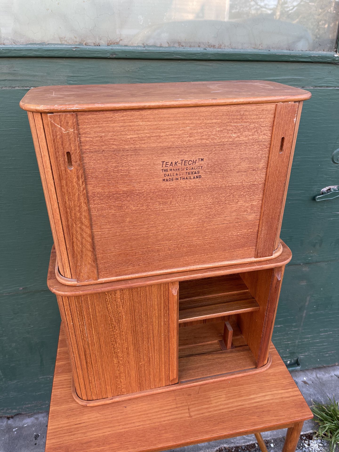 Vintage MCM Teak Tech Tambour Storage Cabinets 