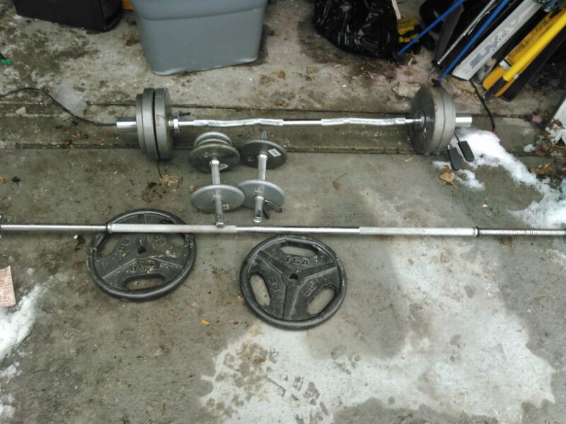 55 lbs TSA Weights, 50lbs Olympic plates, Olympic curling bar, standard