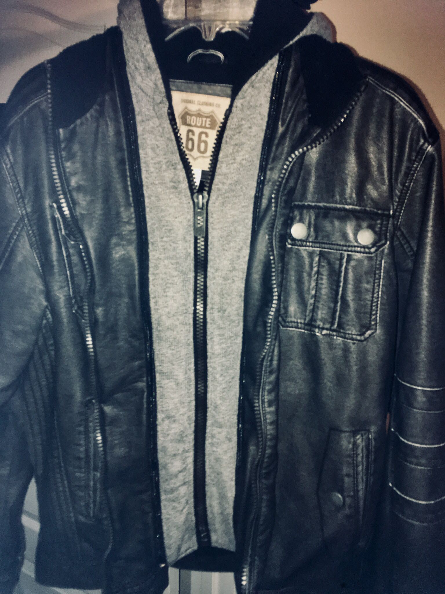 Route 66 Layered Zip-On Charcoal Grey Hooded Leather Men’s Coat Jacket