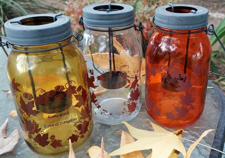 MASON JAR TEA LIGHT CANDLE HOLDERS SET OF 3 JARS & 6 TEA LIGHT CANDLES. $10