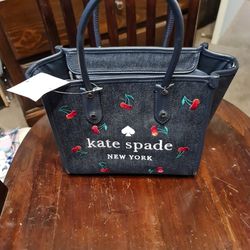 Kate Spade Womens Blue Jean Tote Hand Bag With Cherry Detailing. Thumbnail