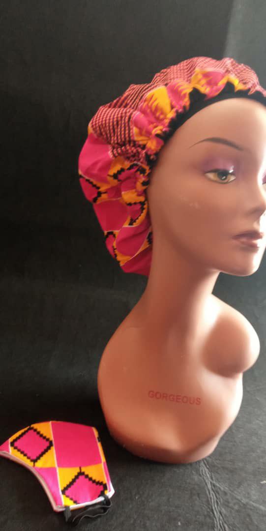 African print hair bonnet and face masks set
