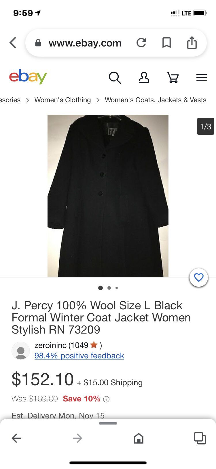 “J. PERCY” 100% Wool Large Pedi coat With Hood