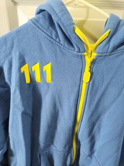 Bethesda Blue and Yellow Fallout 4 Vault 111 Full Zip Long Sleeve Hoodie Mens Sm Thumbnail