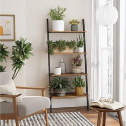 Industrial Ladder Shelf, 4-Tier Bookshelf, Storage Rack Shelves, for Living Room, Kitchen, Office, Iron, Stable, Sloping, Leaning Against The Wall, Ru Thumbnail