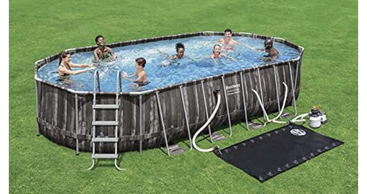 Bestway Power Steel 22’ x 12’ x 48’’ Above Ground Oval Pool Set w/Ladder, Cover, Filter Pump, Replacement Cartridge, Repair Patch