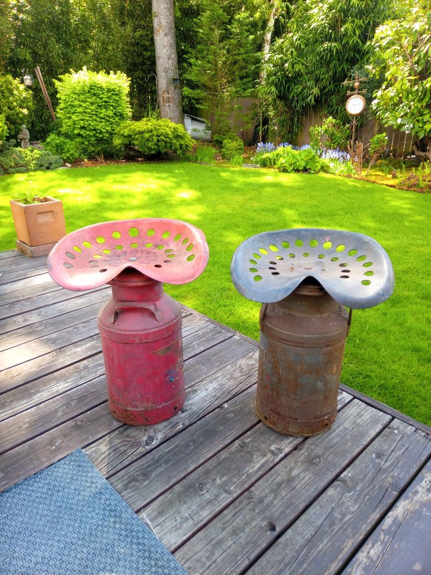 ANTIQUE • METAL TRACTOR & SEAT MILK JUG STOOLS