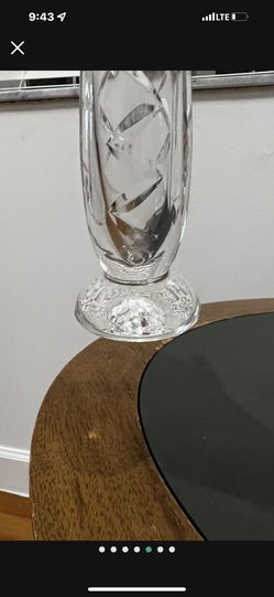 vintage Waterford Crystal vase features a cut vesica piscis pattern to the graduated cylindrical form. It sits on a circular footed, 7” Tall In great  Thumbnail