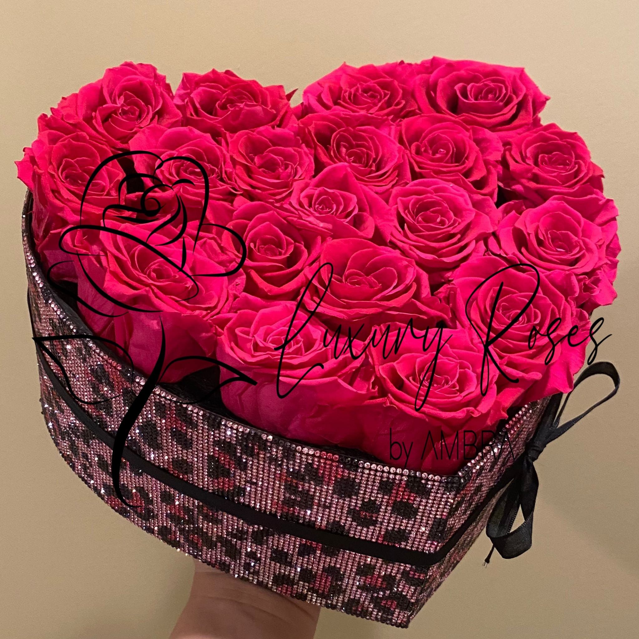 Eternal Roses Heart Shape Box Roses animal print Rhinestones Lasting hot pink Preserved Flowers Bday Anniversary Gift Present immortal Ro