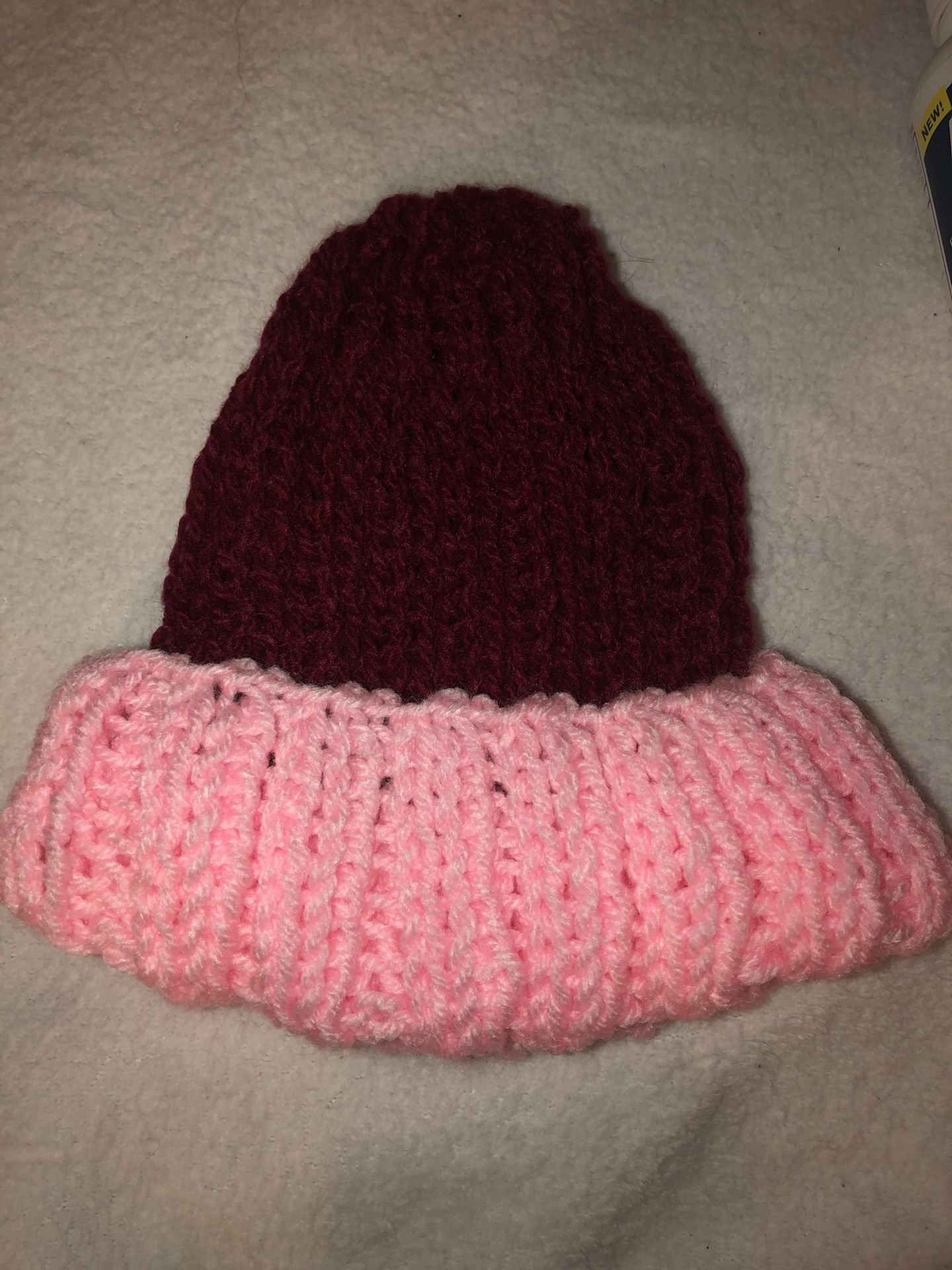 Maroon & Pink Knitted Hat With Folded Brim