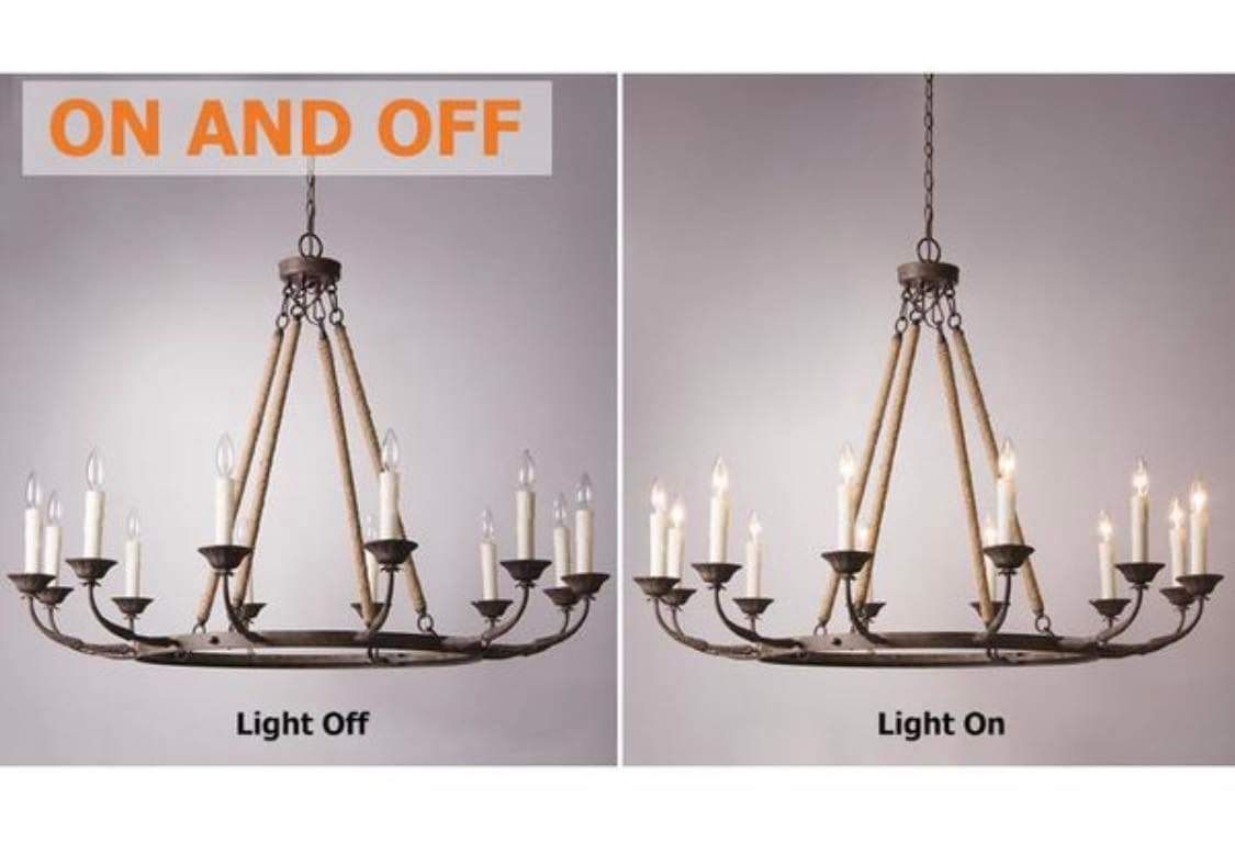 Bever Vintage 12-Light Candelabra Wagon Wheel Chandelier With Flaxen Hemp Rope F43