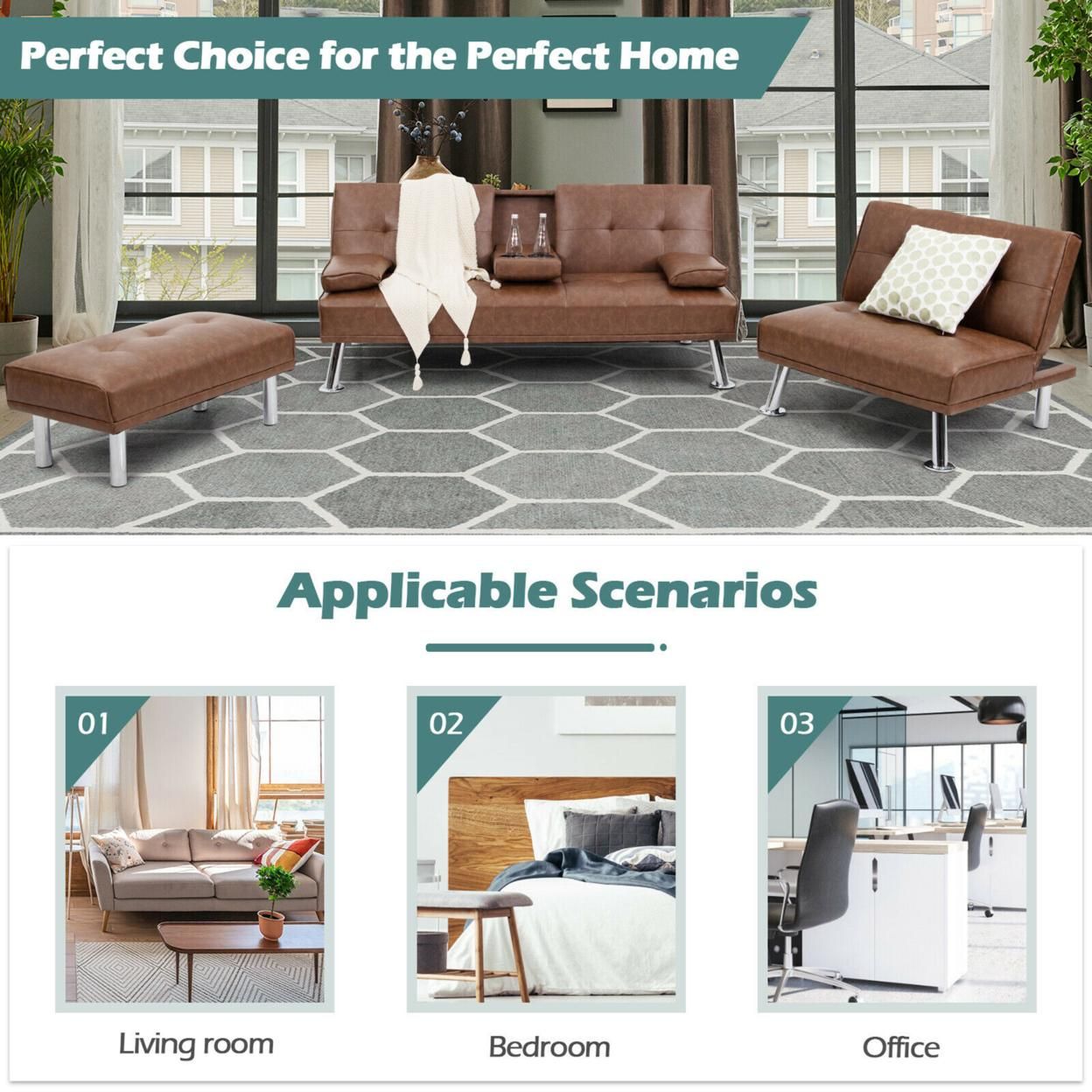 Gymax 3-Piece Sectional Sofa Set Convertible Futon w/Single Sofa & Ottoman Brown