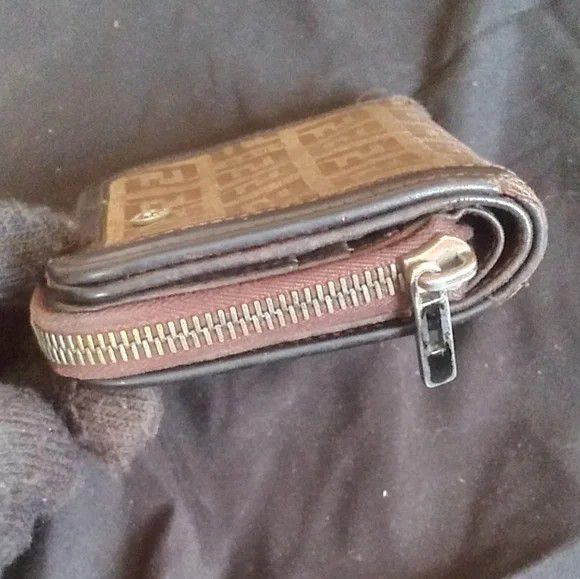 Vintage fendi ff monogram multi compartment brown leather canvas silver wallet