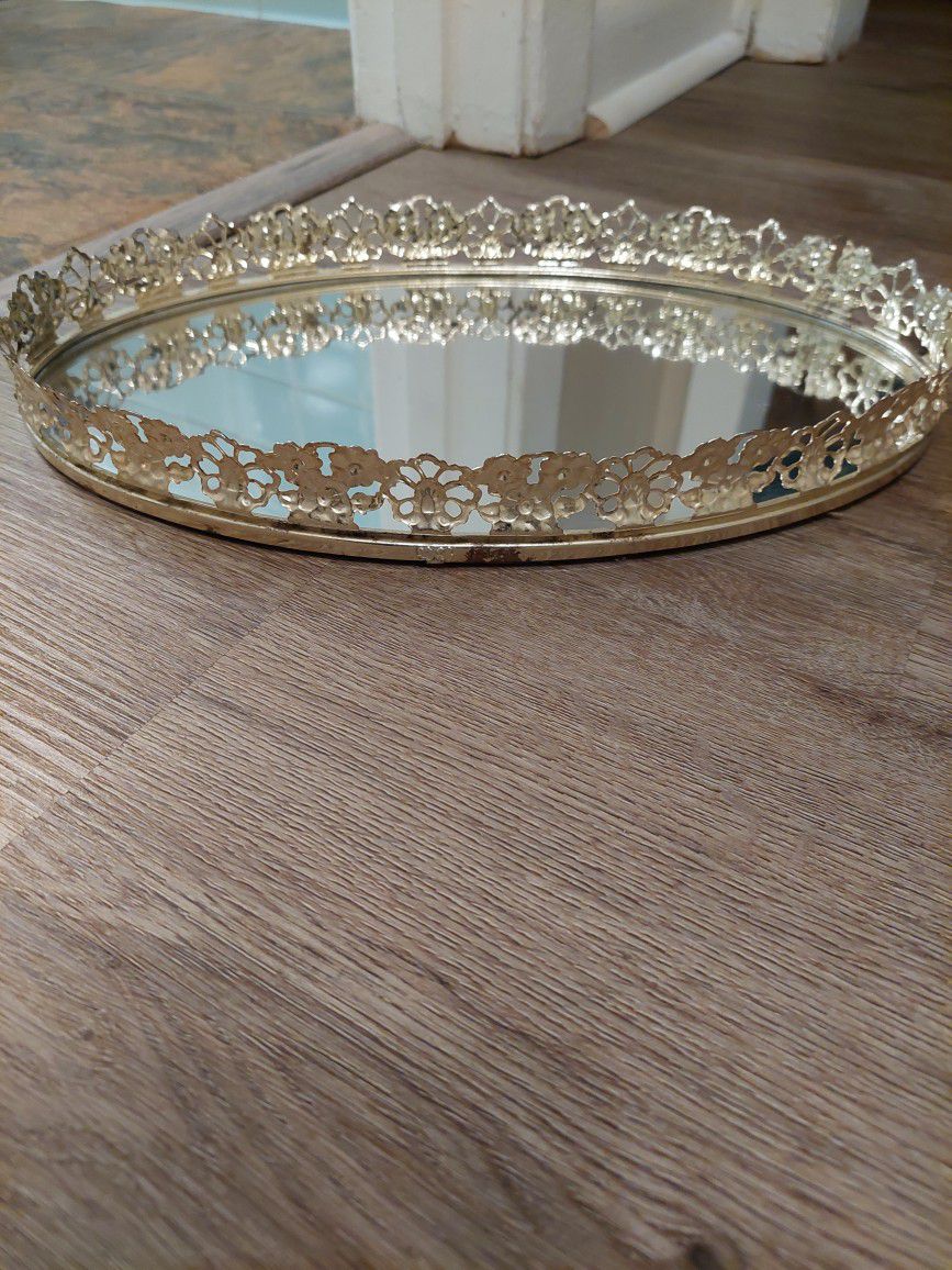 Vintage Gold Mirrored Trinket Tray 13in Long 8.5in Wide