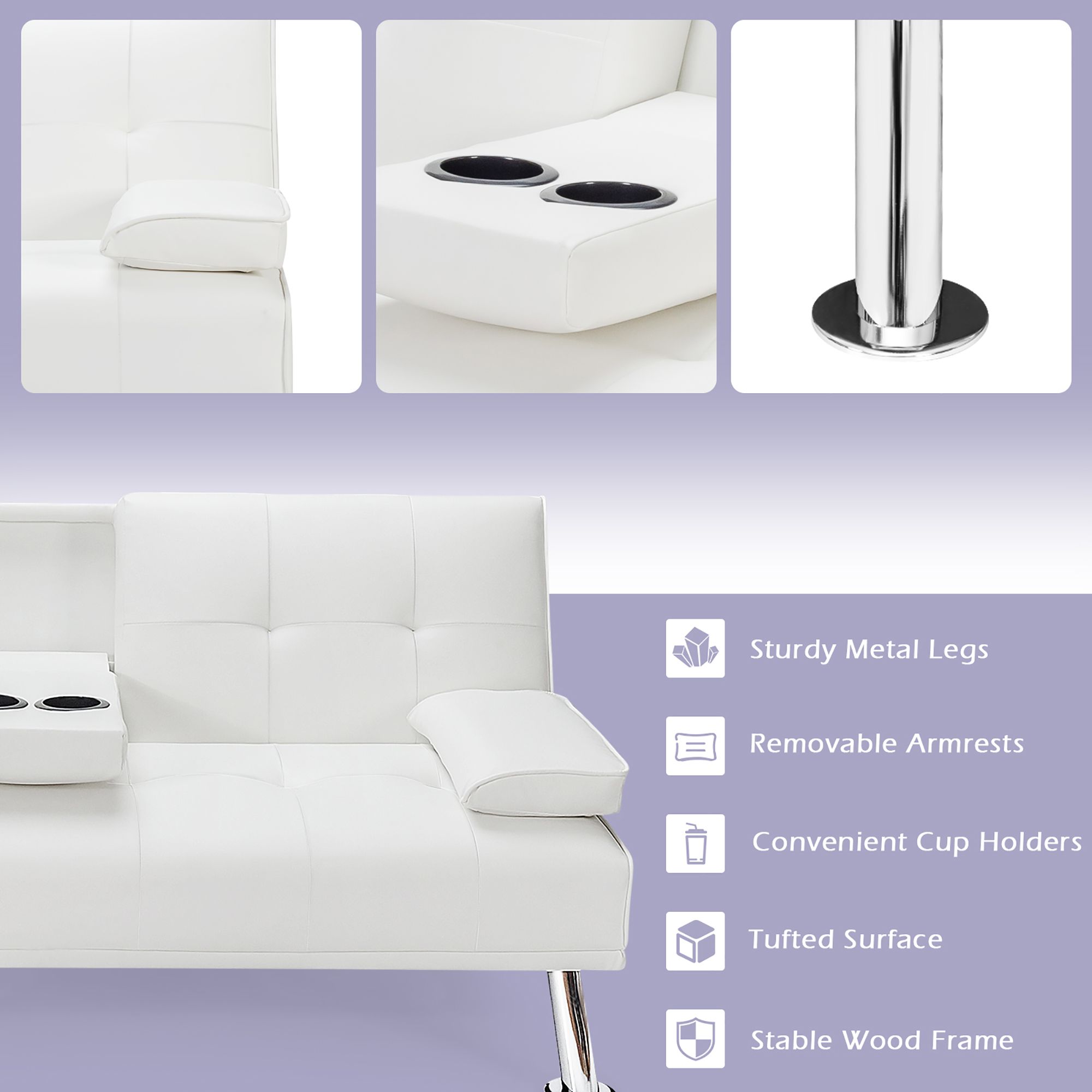 Costway Convertible Folding Futon Sofa Bed Leather w/Cup Holders&Armrests White