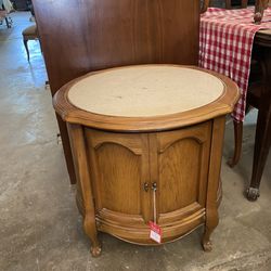 Vintage Marble Top Wood Barrel Style End Table Cabinet Thumbnail