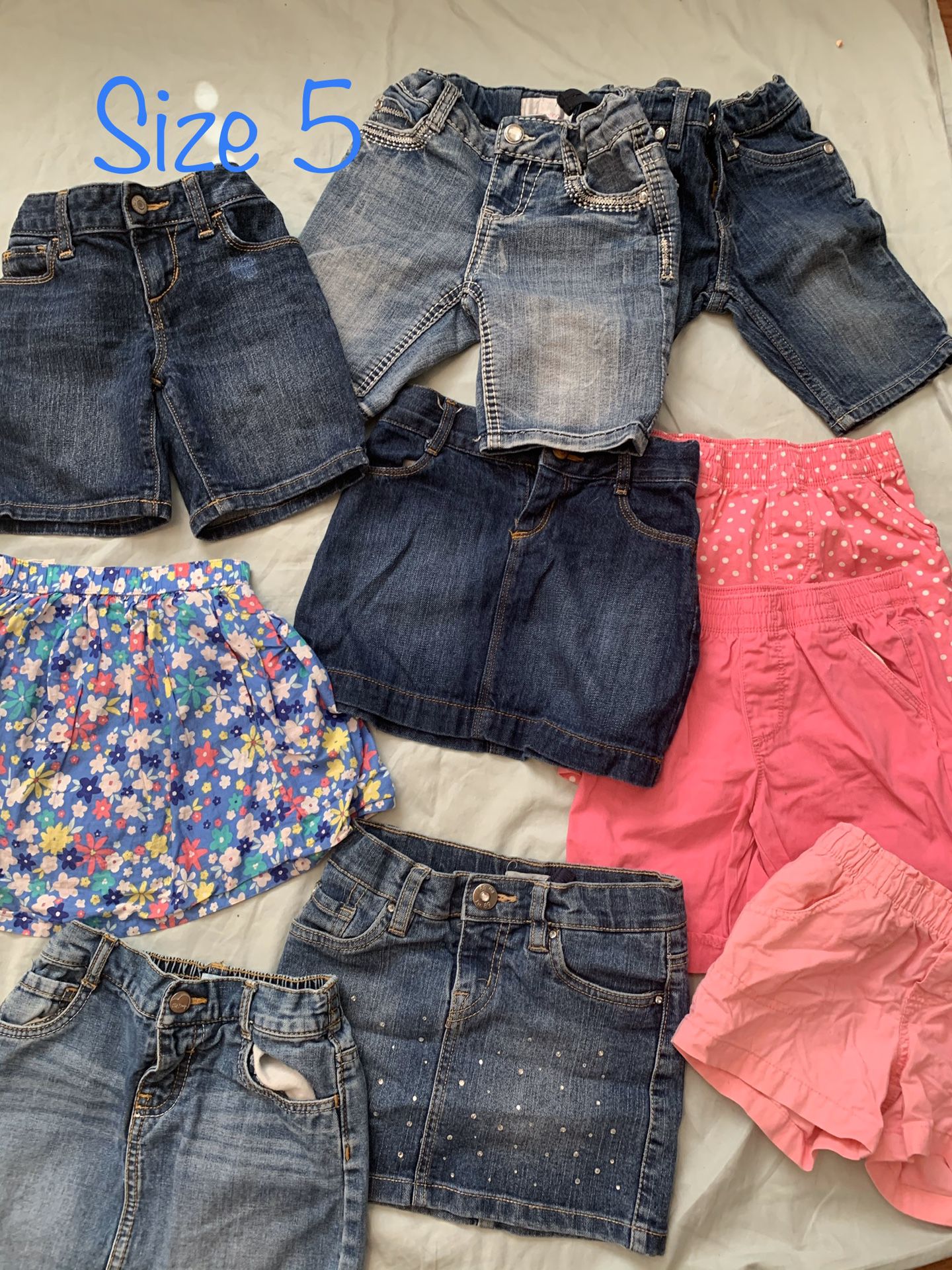 Size 5 All clothes are like new only worn Once or twice 3 skirts 6 shorts 2 jeans 4 shirts 1 fur vest 1 leggings with tutu Located at Ellsworth loop