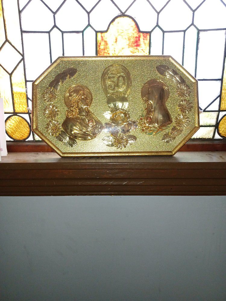Vintage Religious  50th anniversary Jesus & Mary Convex Bubble Glass Picture