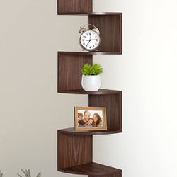 5 Tier Wall Mount Corner Shelves, Home Decor Hanging Shelves, Walnut Thumbnail
