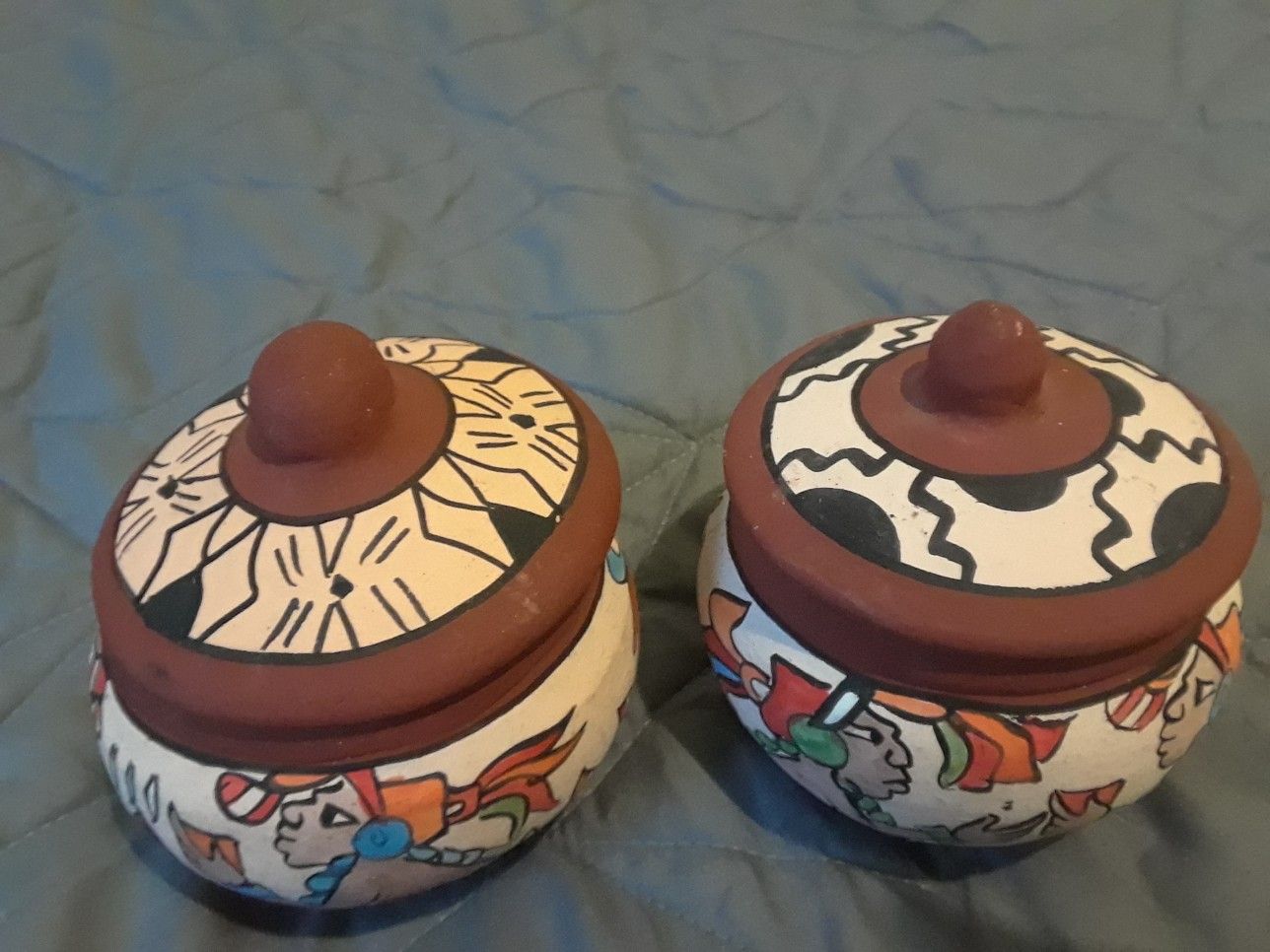 Mayan pots with lids; set of 2 ceramic Aztec handmade lidded containers