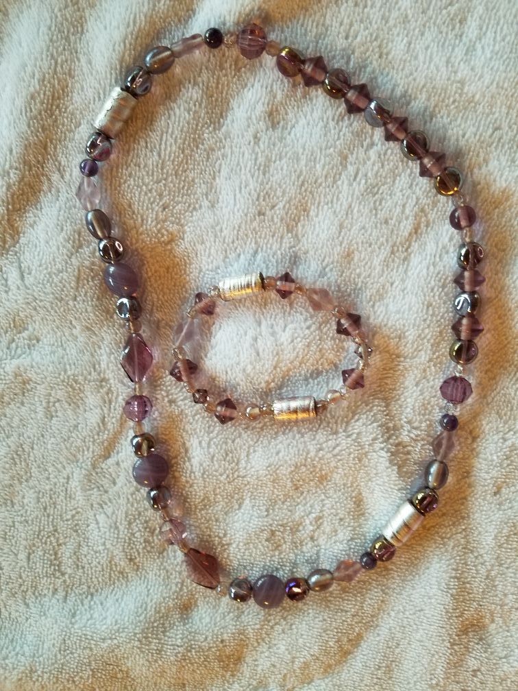 Purple & Silver beaded necklace & bracelet