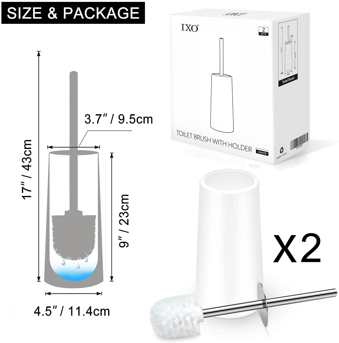 Toilet Brush and Holder, 2 Pack Toilet Brush with 304 Stainless Steel Long Handle, Toilet Bowl Brush for Bathroom Toilet-Ergonomic, Elegant, Durable