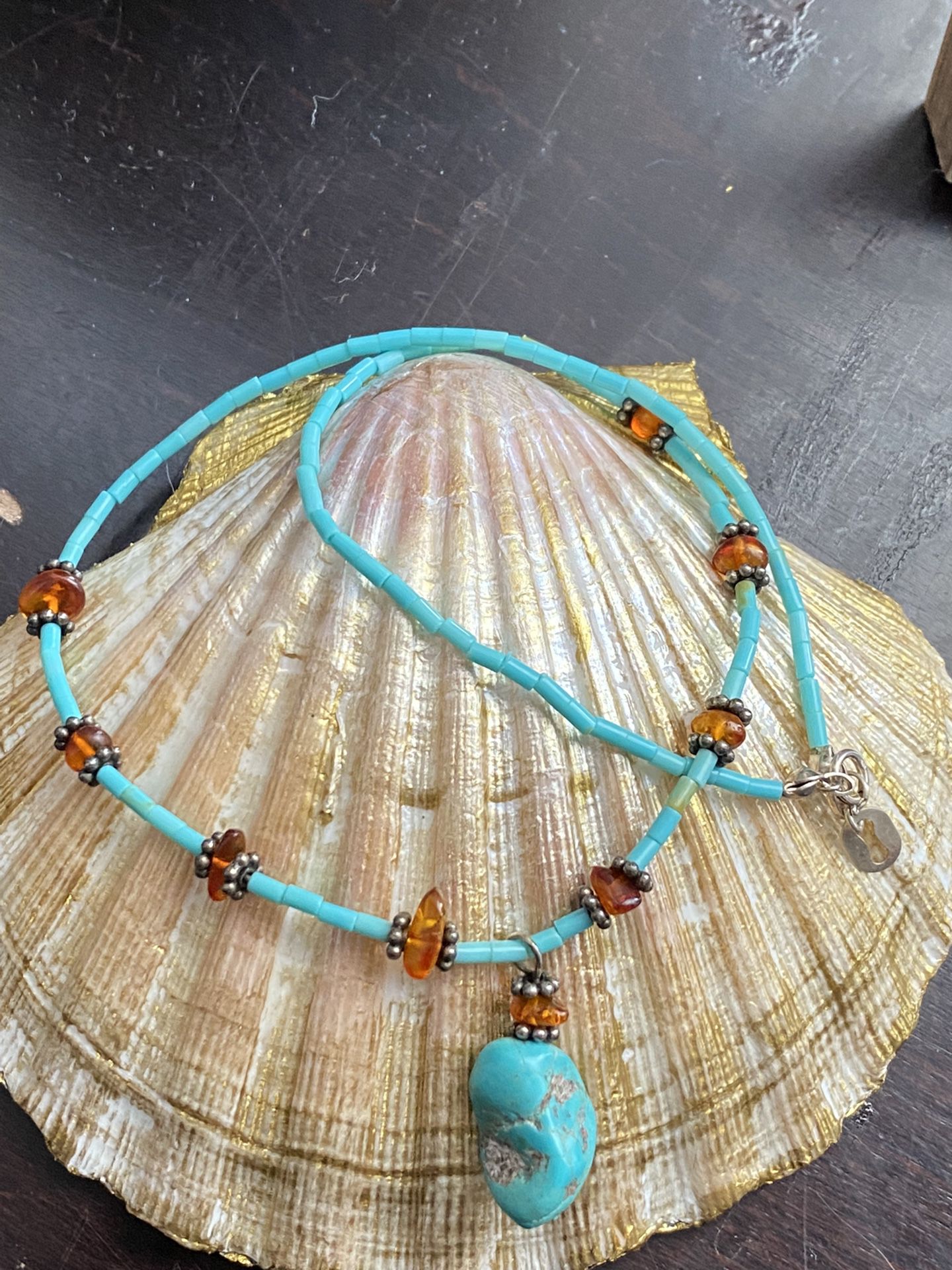 Turquoise Heishi, Nugget and Amber Sterling Silver Vintage 16” Necklace