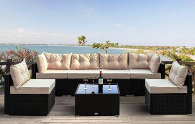 Brand new 7 Pieces Patio PE Rattan Sofa Chair Set Outdoor Sectional Furniture Black Wicker Conversation Set with Tan Cushions Covers and Tea Table Thumbnail