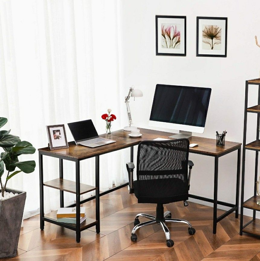 Rustic Brown, L-Shaped Satble & Space Saving, Computer Desk, Industrial Corner Writing Desk w/ Shelves