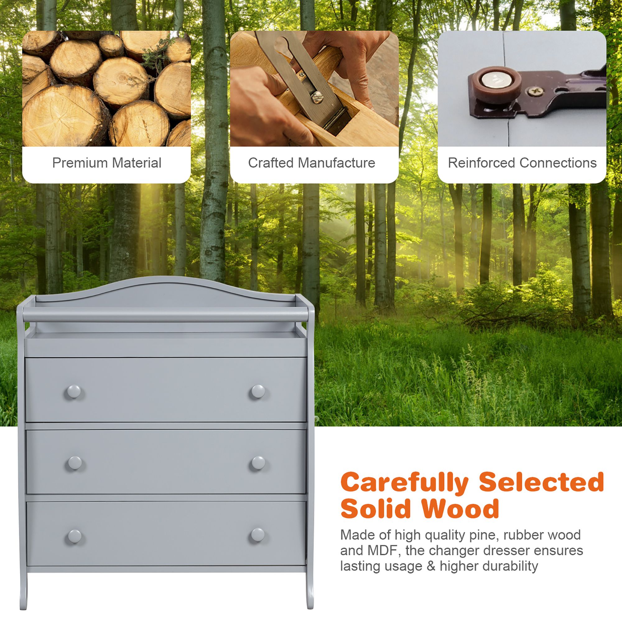 Costway 3-Drawer Dresser Changing Table w/Safety Belt Guardrails for Kids' Room