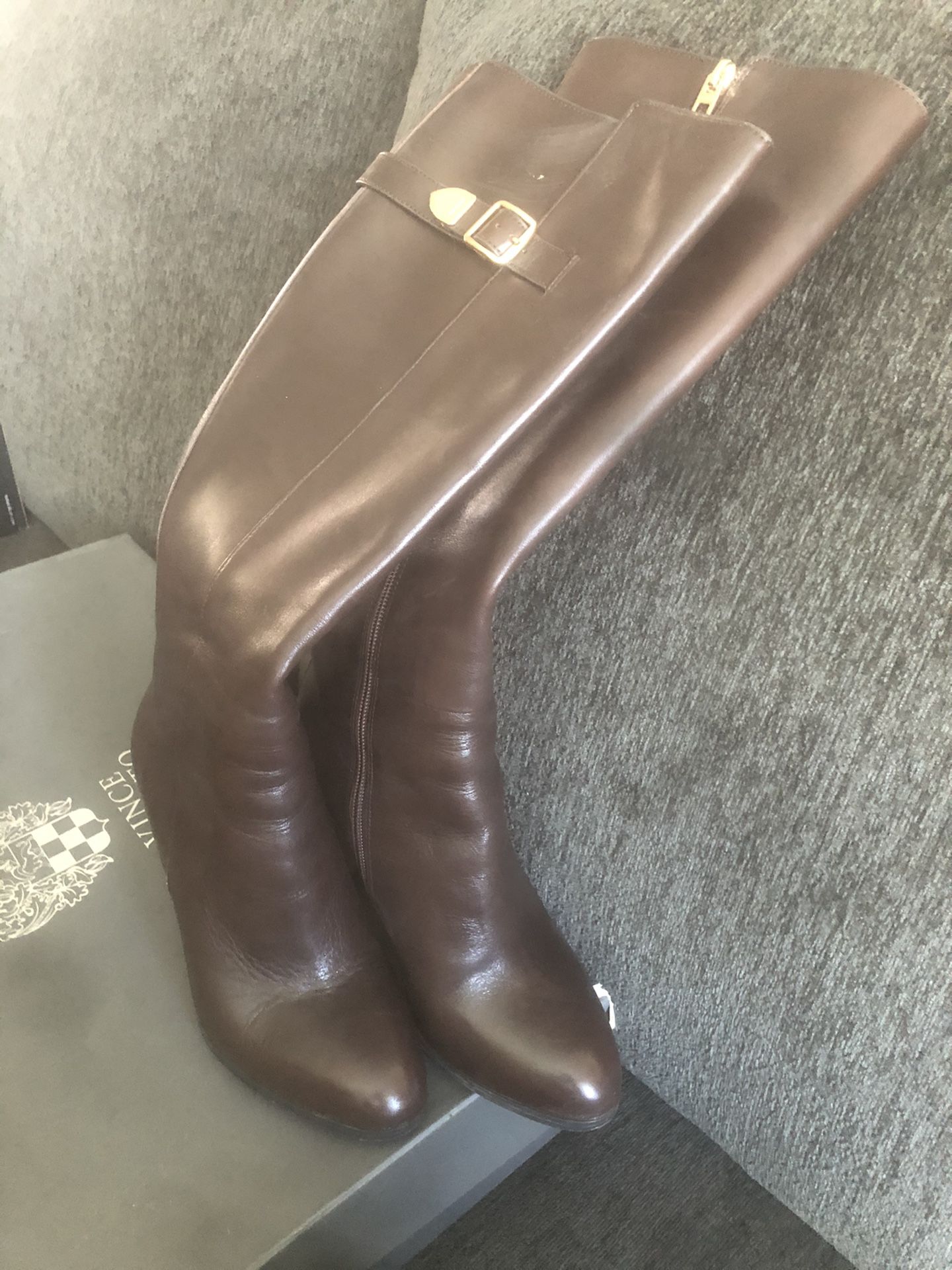 Coach Knee High Stiletto Brown Leather Boots