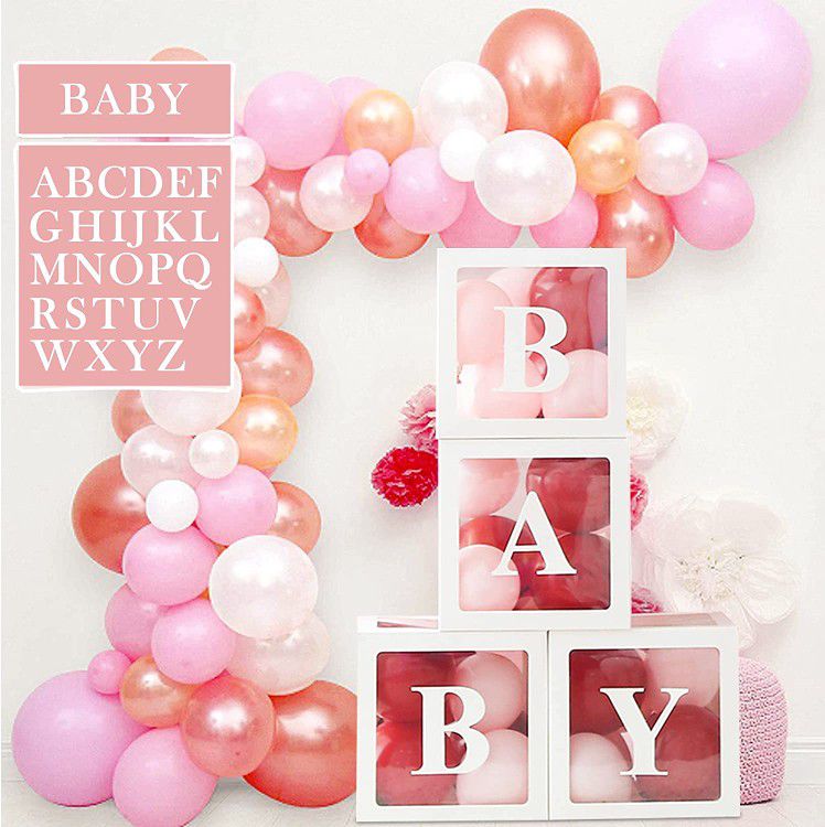 Baby Shower Boxes Party Decorations, 4-Pack Transparent Balloons Boxes Décor with BABY Letters Blocks for Boys Girls Baby Shower Decorations Gender Re