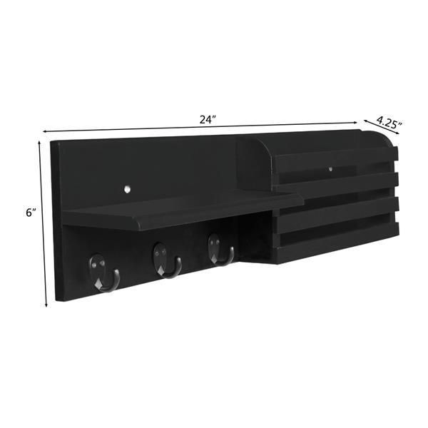 Wall Shelf and Mail Holder with 3 Hooks, 24-Inch by 6-Inch, Black