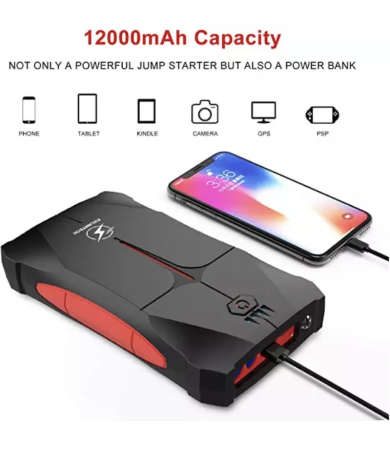 PORTABLE BATTERY PACK CAR JUMPER JUMP STARTER FOR VEHICLES TRUCKS SUV 12000MAH